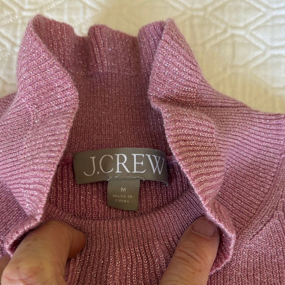 J. Crew Women's Shimmering Pink Ruffle Neck Sweater